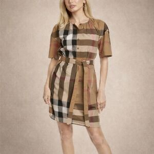 Burberry London England Check Cotton Shirt Dress Belted